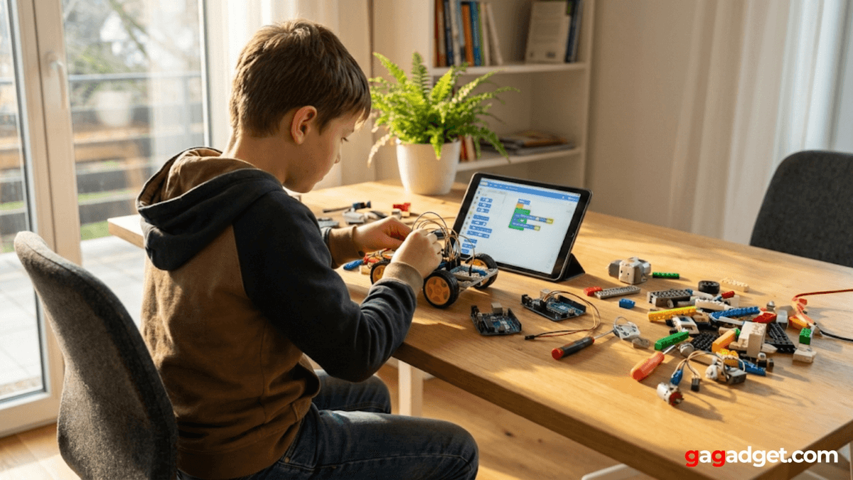 A student building a wheeled robot with a tablet and electronics on the desk