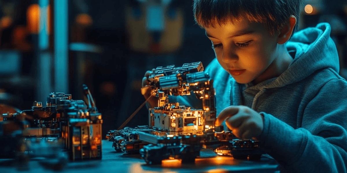 A young maker working on a glowing robotics kit in a workshop